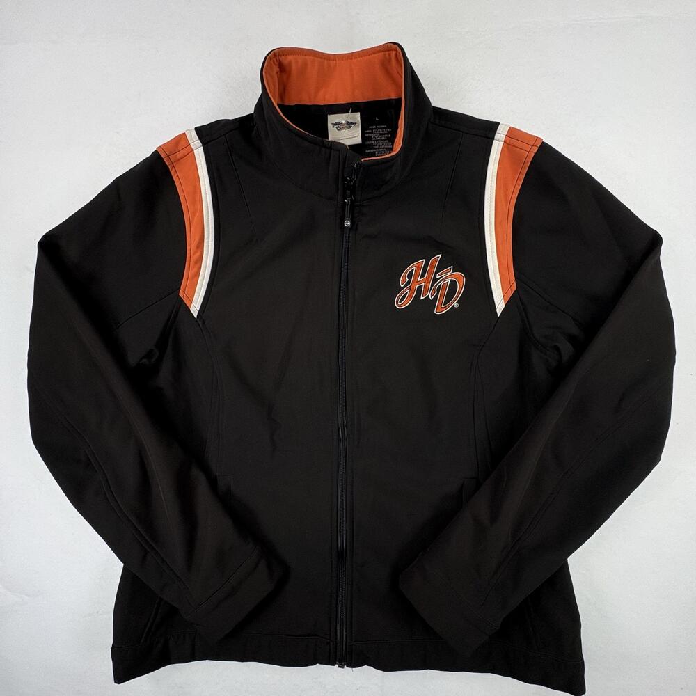 Harley Davidson Jacket Womens Large Black Orange Softshell Embroidered Riding
